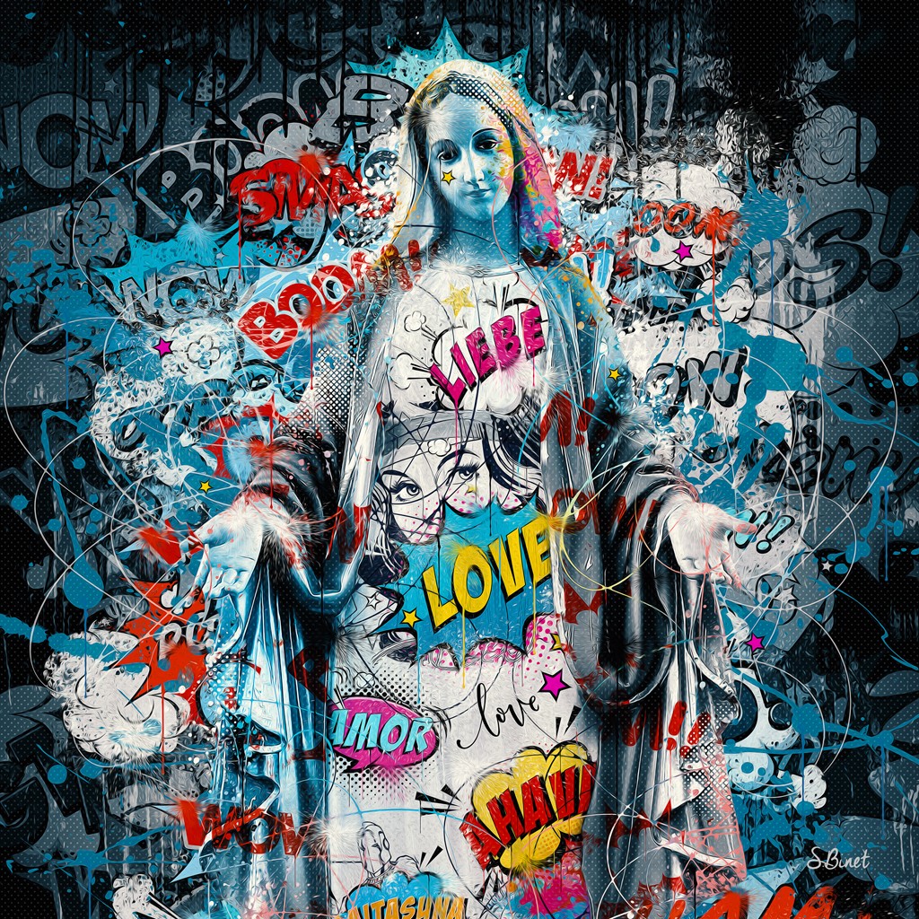 Sylvain Binet, Marie Pop (Maria, Skulptur, heilige, Mutter Gottes, Comic, Graffity, junge Frau,  Leuchtfarben, Neon, Schrill, Modern, Malerei, Jugendzimmer, Wohnzimmer, Wunschgröße, bunt)