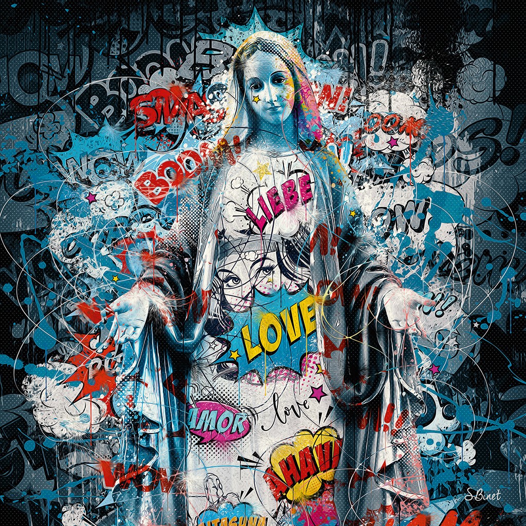 Sylvain Binet, Marie Pop (Maria, Skulptur, heilige, Mutter Gottes, Comic, Graffity, junge Frau,  Leuchtfarben, Neon, Schrill, Modern, Malerei, Jugendzimmer, Wohnzimmer,  bunt)