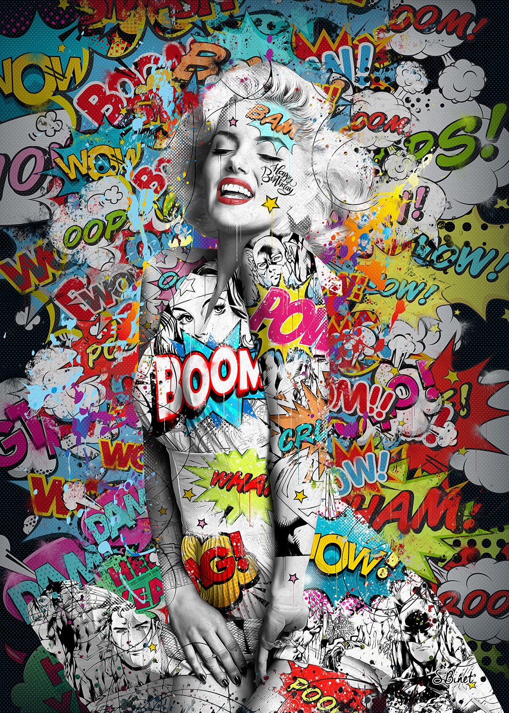 Sylvain Binet, Marylin (Popart, Persönlichkeiten, Marilyn Monroe, Comic-Tattoo, Leuchtfarben, Neon, Modern, Malerei, Jugendzimmer, Wohnzimmer, Wunschgröße, bunt)