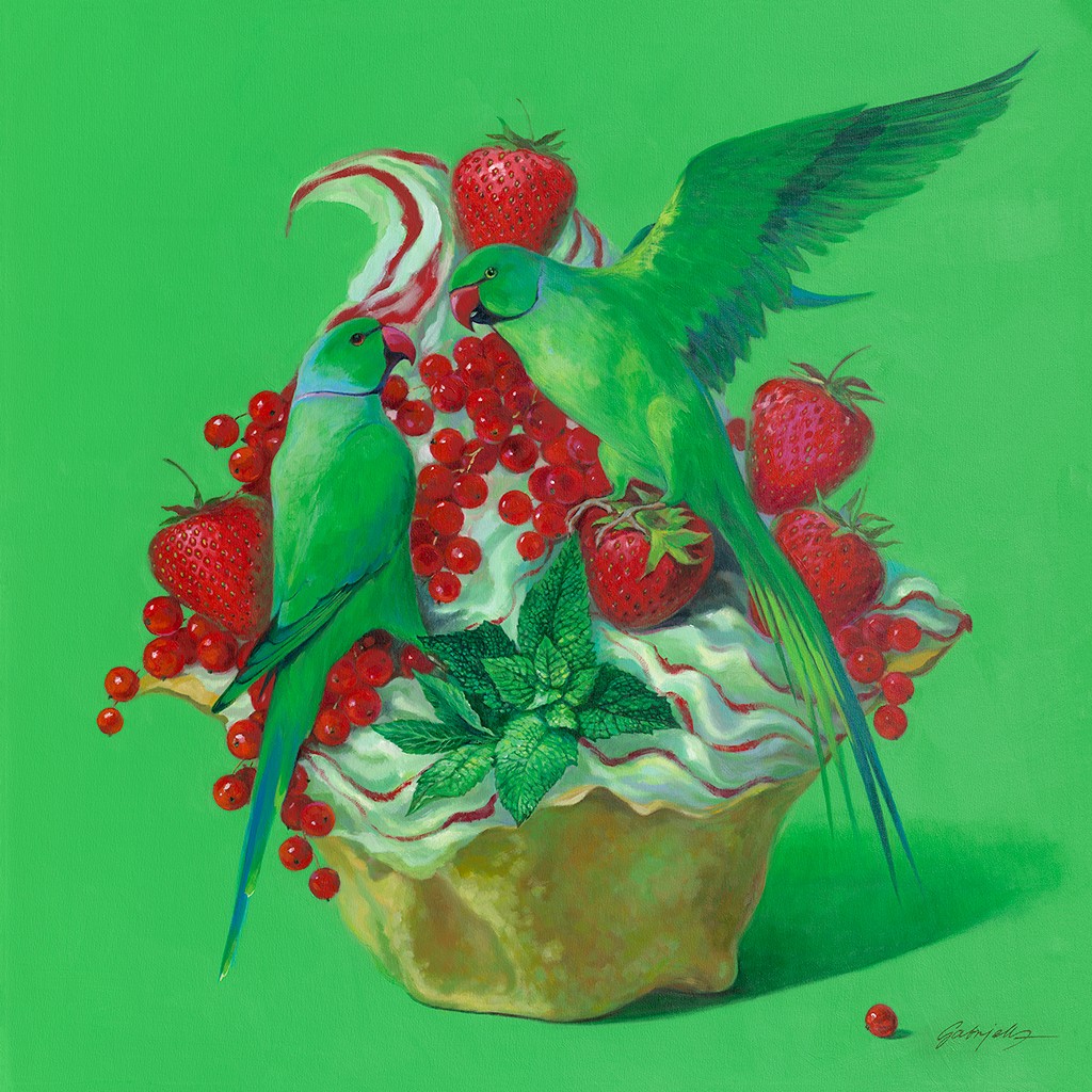 Gabrielle, Montpensier N°3 (Cupcake, riesig, Erdbeeren, Johannisbeere, topping, Sahne, Sittiche, Vögel, falsche Dimensionen, Wunschgröße, modern,  Küche, Esszimmer, Gastronomie, Jugendzimmer)