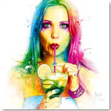 Patrice Murciano, Salsa Caliente (Pop Art, Gesicht, junge Frau, Cocktail, Erfrischung, Leuchtfarben, Neon, Schrill, Modern, Malerei, sinnlich, Persönlichkeiten, Jugendzimmer, Wohnzimmer, Schlafzimmer, Wuznschgröße, bunt)