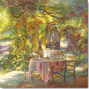 Johan Messely, Instant bénit (Garten,  Natur, Mediterran, Terrasse, Haus, Pflanzen,  Entspannung, Ruhe, Schatten, Idylle, Sonnenlicht, Nostalgie, Wohnzimmer, Wintergarten, Malerei, Wunschgröße, bunt)