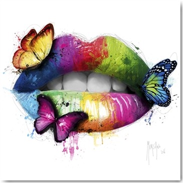 Patrice Murciano, Butterfly Kiss (Pop Art, Erotik, Punk, Mund, Lippen, Schmetterlinge, Kuss, Sexy, sinnlich, Leuchtfarben, Neon, Schrill, Modern, Malerei, Jugendzimmer, Wohnzimmer, Jugendzentrum, Wunschgröße,  bunt)