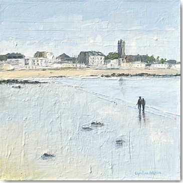 Caroline Atkinson, Seasides Reflections (Meer, Meeresbrise, Strand, Strandspaziergang, Dorf, Idylle, Wunschgröße, Treppenhaus, Wohnzimmer, Malerei, bunt)