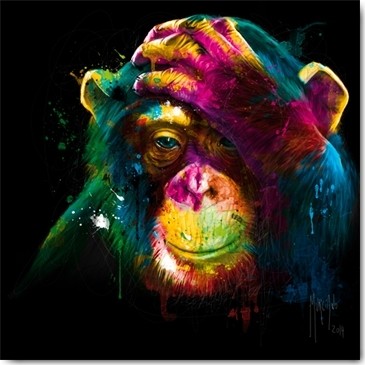 Patrice Murciano, The Darwin’s Preoccupations (Pop Art, Affe, Schimpanse, Tier, Tierportrait, nachdenklich, Leuchtfarben, Neon, Schrill, Modern, Malerei, Jugendzimmer, Wohnzimmer, Jugendzentrum, Wunschgröße, bunt)