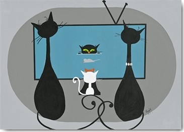 ANNA, Télé-Achat (Grafik, Katzen, Katzenfamilie, Fernsehen, Television,  stilisiert, modern,  Wohnzimmer, Treppenhaus, Wunschgröße, schwarz/weiß/blau)