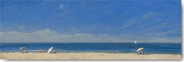 Alberto Valentini, Mothers with Children at the Beach (Meer, Strand, Sand, Badegäste, Urlauber, Sonennschirme, Horizont, Sonnenlicht,  Wunschgröße, Schlafzimmer, Wohnzimmer, bunt)