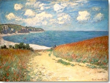 Claude Monet, Strandweg zwischen Weizenfeldern bei... (Impressionismus, Malerei, Küste, Meer, Strand, Felder, Sandweg, Idylle, Frankreich, Schlafzimmer, Wohnzimmer, Wintergarten, bunt, Klassische Moderne, Wunschgröße,)