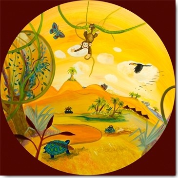 Geneviève Naudin, Ile d`Afrique (Afrika, Sonne, Landschaft, Tiere, lustig, naiv, niedlich,  Rotondo, Rundbild, Kinderzimmer, Treppenhaus, Wunschgröße, Malerei, bunt)