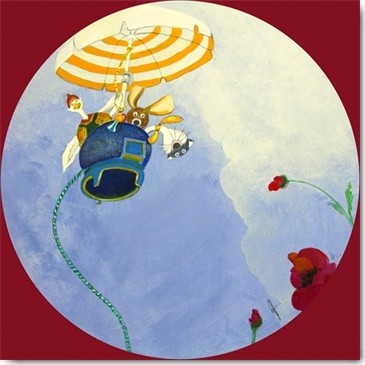 Geneviève Naudin, Tout là-haut là-haut (Tiereische Freunde, Ballon, Abflug, Fliegen, lustig, naiv, niedlich,  Rotondo, Rundbild, Kinderzimmer, Treppenhaus, Wunschgröße, Malerei, bunt)