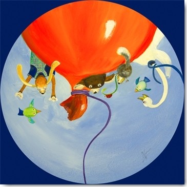 Geneviève Naudin, En l`air à l`envers (Ballon, tierische Freunde, Fliegen, Spaß, lustig, naiv, niedlich,  Rotondo, Rundbild, Kinderzimmer, Treppenhaus, Wunschgröße, Malerei, bunt)