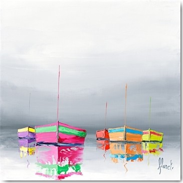 Frédéric Flanet, Reflets I (Wunschgröße, Malerei, Moderne Malerei, Meeresbrise, Landschaften, Meer, Segelboote, Spiegelung, Reflexion, Wohnzimmer, Treppenhaus, bunt)