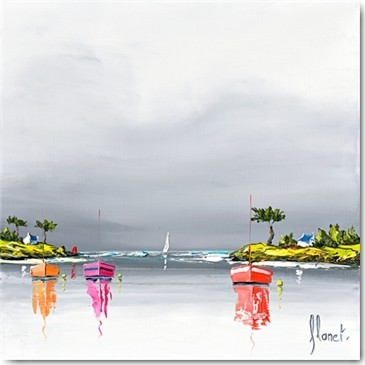 Frédéric Flanet, Mouillage (Wunschgröße, Malerei, Moderne Malerei, Ankerplatz, Bucht, Meeresbrise, Landschaften, Meer, Segelboote, Spiegelung, Reflexion, Wohnzimmer, Treppenhaus, bunt)