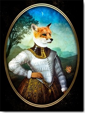 André Sanchez, Lord Stanley (Fuchs, Fuchskopf, menschlicher Körper, barocke Mode, Halskrause, Antropomorphismus, kurios, Mischwesen, Wohnzimmer, Treppenhaus, Wunschgröße, bunt)