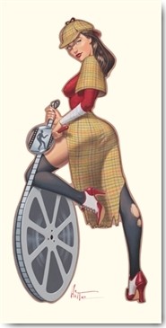 Patrick Hitte, L´ombre (Pin up, Frau, Sherlock Holmes, Filmrolle, Erotik, kokett, People & Eros, Grafik, Wohnzimmer, Treppenhaus, Bistro, Gastronomie, Wunschgröße, bunt)