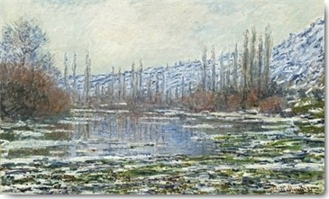 Claude Monet, Das Tauwetter in Vétheuil, 1880 (Wunschgröße, Impressionismus, Malerei, Landschaft, Tauwetter, Schnee, Eis, Spiegelung Schlafzimmer, Wohnzimmer, Wintergarten, bunt, Klassiker)