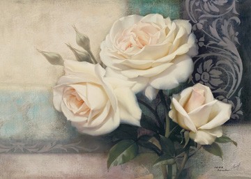 Igor Levashov, Always Dreaming of... (Malerei, Fotorealismus, Stillleben, Bouquet, weiße Rosen, Blume, Blüte, Blütenpracht, Schönheit, Wohnzimmer, Treppenhaus, Schlafzimmer, bunt)