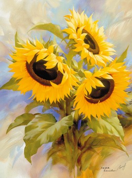 Igor Levashov, Sunflowers (Malerei, Blumen, Blüte, Sonnenblumen, Sommer, fröhlich, Wohnzimmer, Treppenhaus, bunt)