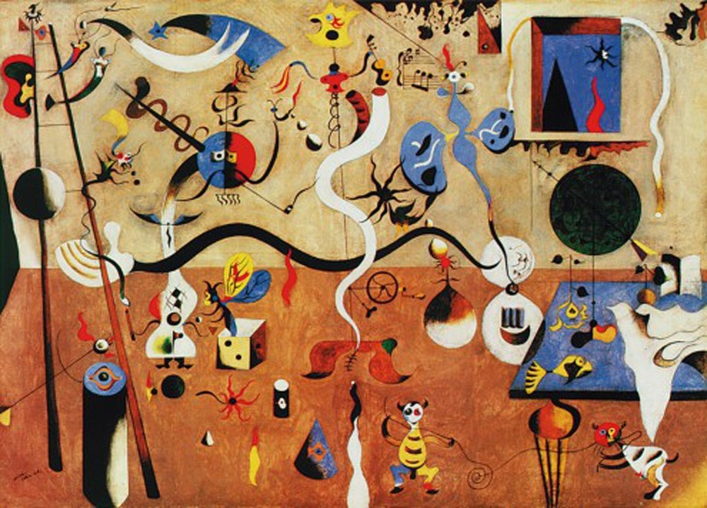 Joan Miro, Carnival of Harlequin (Surrealismus, Surreal, Phantasie, figurativ, Mischwesen, amorphe Formen, Muster, Ornamente, fröhlich,  Wohnzimmer, Treppenhaus,  Klassische Moderne, Malerei, bunt)