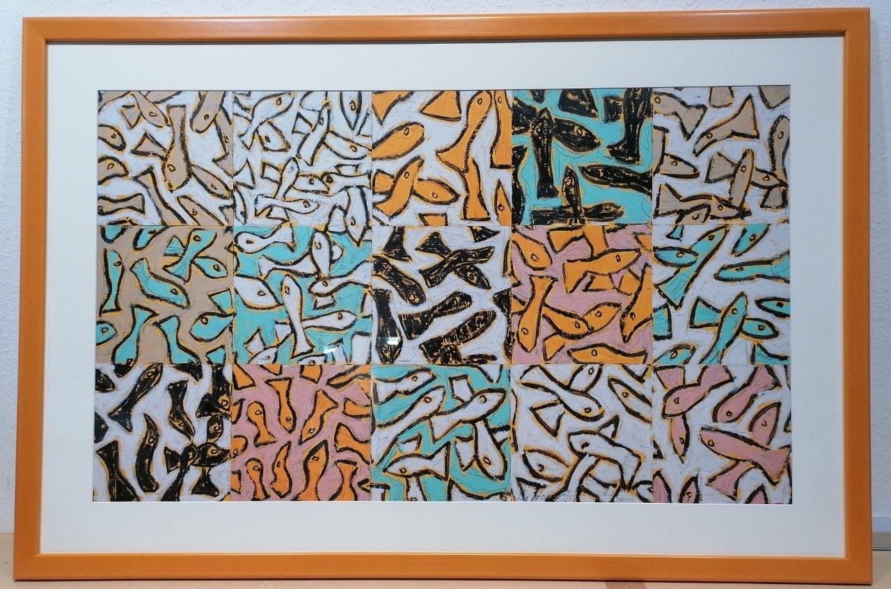 Gerahmtes Bild Holz gelb, Gordon HOPKINS, Deep Sea, 2010  (Modern, Malerei, Abstrakt, Quadrate, Pop Art, Fische, bunt)