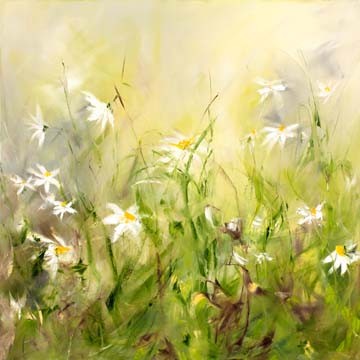 Ines Ramm, Wiese mit Kamille (Blumenwiese, Kamille, Blüten, Sommer, Blumen, floral, modern, zeitgenössisch, Wohnzimmer, Treppenhaus, Arztpraxis, Wunschgröße, Malerei, grün/bunt)