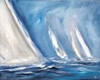 Ines Ramm, Wind Blows (Segelboote, Regatta, Wind, Meer, Meeresbrise, Dynamik, Bewegung, Segelsport, Badezimmer, Treppenhaus, Wohnzimmer, Wunschgröße, leuchtend, blau/weiß)