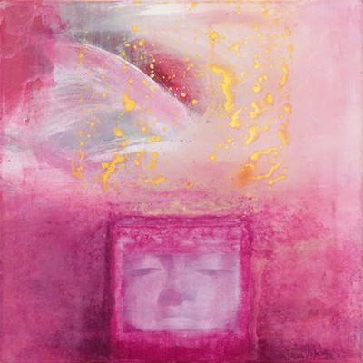 Ines Voelchert, Impuls (Buddha, Gesicht, Collage, abstrakte Malerei, Inspiration, Meditation, Wellness, modern, Treppenhaus, Wohnzimmer, Wunschgröße, pink)