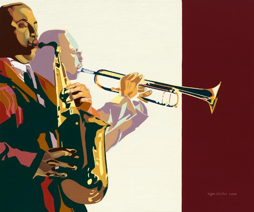 Inger Levitus, Sax n'Trumpet (Wunschgröße, Modern, Malerei, Pop Art Stil, Menschen, Musiker, Musikinstrument, Saxophon, Trompete Duett, bunt)