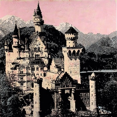 Ingo Schulz, Dreamwonderland (Schloss, Neuschwanstein, Märchenschloss, Fotokunst, Pop/Op Art, Wunschgröße, Treppenhaus, Jugendzimmer, Wohnzimmer,  schwarz/weiß/rosa)