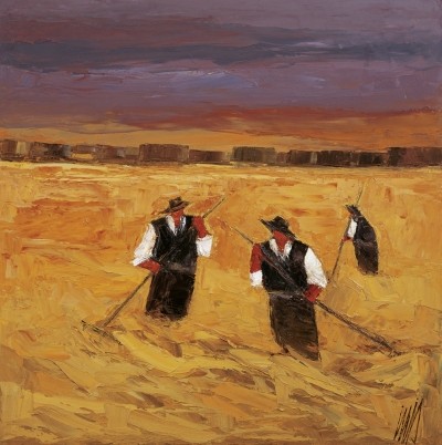 Inis, Racolta Del Fieno (Modern, Malerei, moderner Expressionismus, Figurativ, Menschen, Männer, Feldarbeiter, Getreide, Ernte)