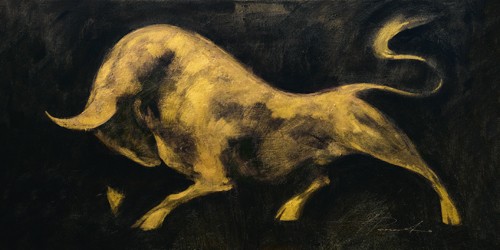 Inna Panasenko, Minotaureus I (Tier, Stier, Toro, Energie, Kraft, Bewegung, Angriff, figurativ, zeitgenössische Malerei, modern, Wohnzimmer, Jugendzimmer, Wunschgröße, schwarz/gold)