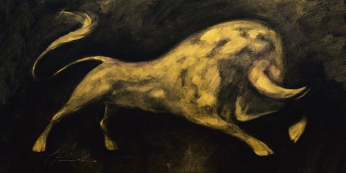 Inna Panasenko, Minotaureus II (Tier, Stier, Toro, Energie, Kraft, Bewegung, Angriff, figurativ, zeitgenössische Malerei, modern, Wohnzimmer, Jugendzimmer, Wunschgröße, schwarz/gold)
