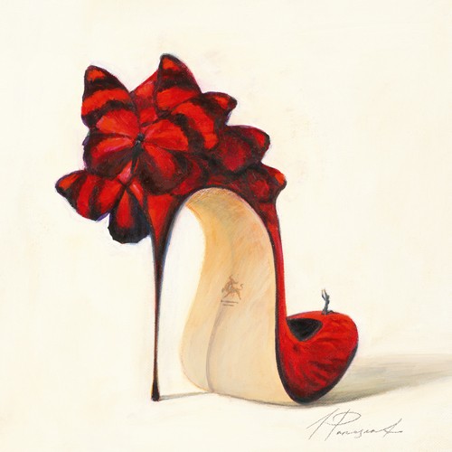 Inna Panasenko, Sketches of Love VI (Malerei, Schuhe, Stiletto, Kult, Pop,  High Heels, verspielt, Schmetterlinge, hoher Absatz, Schlafzimmer, Wohnzimmer, Treppenhaus, rot / schwarz / weiß)