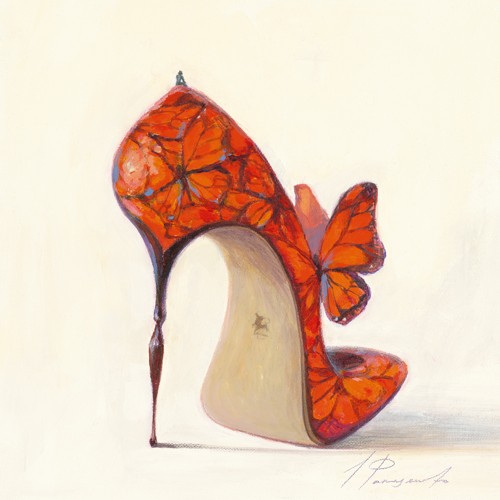 Inna Panasenko, Sketches of Love VII (Malerei, Schuhe, Stiletto, Kult, Pop,  High Heels, verspielt, Schmetterlinge,  hoher Absatz, Schlafzimmer, Wohnzimmer, Treppenhaus, orange / weiß)
