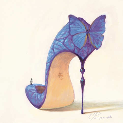 Inna Panasenko, Sketches of Love VIII (Malerei, Schuhe, Stiletto, Kult, Pop,  High Heels, verspielt, Schmetterlinge,  hoher Absatz, Schlafzimmer, Wohnzimmer, Treppenhaus, blau / weiß)