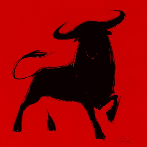 Inna Panasenko, Toro II (Tier, Stier, Toro, Energie, Kraft, Bewegung, figurativ, zeitgenössische Malerei, modern, Wohnzimmer, Jugendzimmer, Wunschgröße, rot / schwarz)