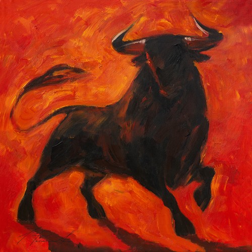 Inna Panasenko, Toro V (Tier, Stier, Toro, Energie, Kraft, Bewegung, stolz, feurig, figurativ, zeitgenössische Malerei, modern, Wohnzimmer, Jugendzimmer, Wunschgröße, schwarz/rot)