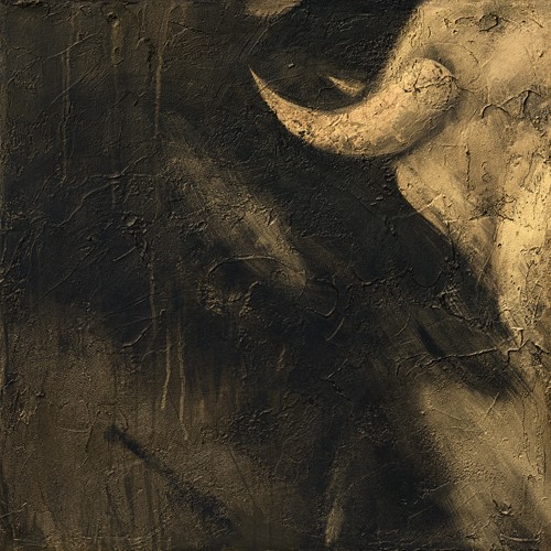 Inna Panasenko, Toros V (Tier, Stier, Toro, Energie, Kraft, Bewegung, Detail, Hörner, figurativ, zeitgenössische Malerei, modern, Wohnzimmer, Jugendzimmer, Wunschgröße, schwarz/grau/creme)