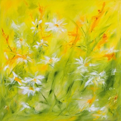 Ines Ramm, Sommerlaune (Blumenwiese, Blüten, Sommer, Blumen, floral, modern, zeitgenössisch, Wohnzimmer, Treppenhaus, Arztpraxis, Wunschgröße, Malerei, gelb/grün)