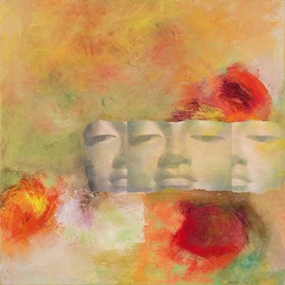 Ines Voelchert, AugenBlick (Buddha, Gesicht, Collage, abstrakte Malerei, Inspiration, Meditation, Wellness, modern, Treppenhaus, Wohnzimmer, Wunschgröße, bunt)