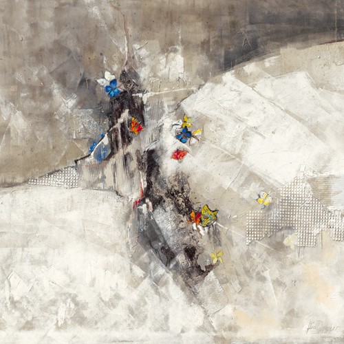 Ingeborg Dreyer, Butterflies (Modern, Abstrakt, Abstrakte Malerei, Farbfelder, Farbtupfer, zeitgenössich, Schmetterlinge, Wohnzimmer, Büro, Business, Wunschgröße, grau/bunt)