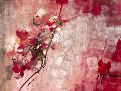 Ingeborg Dreyer, Symphony in Red (Wunschgröße, Modern, Abstrakt, Abstrakte Malerei, Zweig,Blütenzweig, Büro, Treppenhaus, Wohnzimmer, rosa-rot)