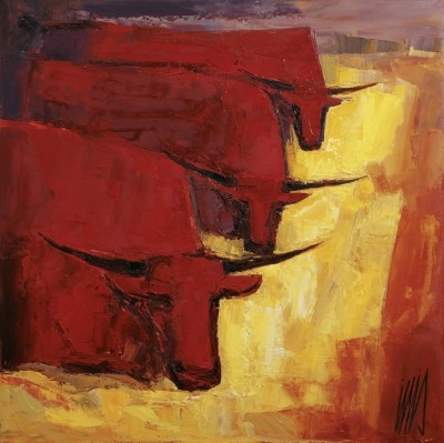 Inis, I Tre Tori (Modern, Malerei, Moderner Expressionismus, Tier, Stier, Toro, rot, Weide, gold / gelb)