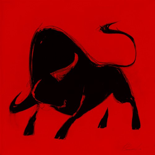 Inna Panasenko, Toro III (Tier, Stier, Toro, Energie, Kraft, Bewegung, Angriff, figurativ, zeitgenössische Malerei, modern, Wohnzimmer, Jugendzimmer, Wunschgröße, rot / schwarz)