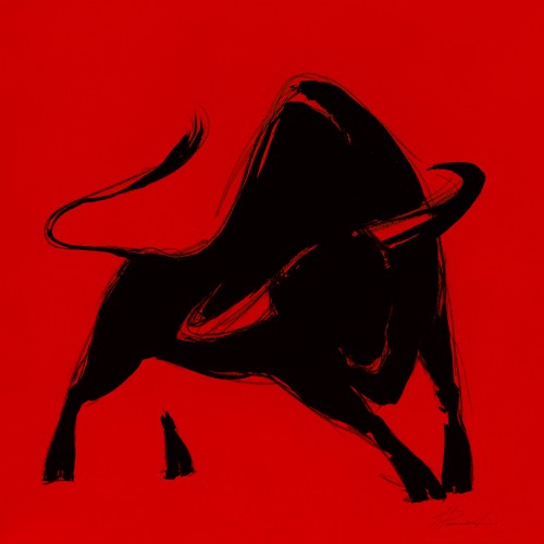 Inna Panasenko, Toro IV (Tier, Stier, Toro, Energie, Kraft, Bewegung, figurativ, zeitgenössische Malerei, modern, Wohnzimmer, Jugendzimmer, Wunschgröße, rot / schwarz)