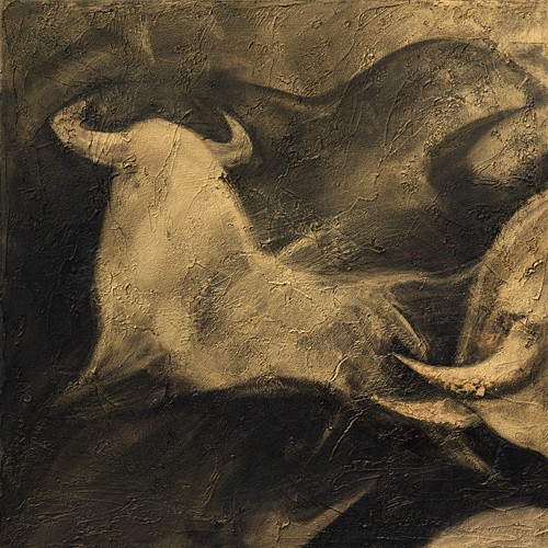 Inna Panasenko, Toros I (Tier, Stier, Toro, Energie, Kraft, Bewegung, Detail, Hörner, figurativ, zeitgenössische Malerei, modern, Wohnzimmer, Jugendzimmer, Wunschgröße, schwarz/grau/creme)