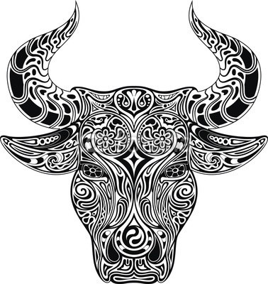 (IP), Ornamental Bull (Wunschgröße, Grafik, modern, Stierkopf, Bulle, Tattoo, Tribalmuster, dekorativ, Ornamente, Jugendzimmer, schwarz / weiß)