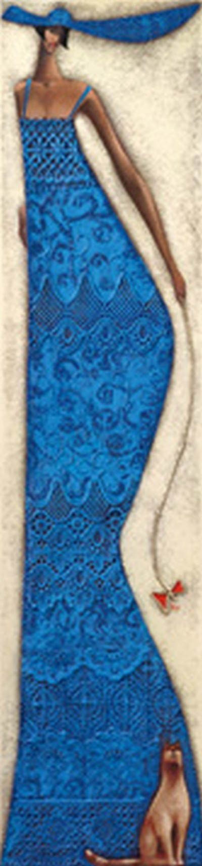 Ira Tsantekidou, Lady in Blue (Malerei, Frau, blaues Kleid, Spitze, Stoffmuster, Eleganz, Katze, Hut, People & Eros, figurativ, modern, dekorativ, Wohnzimmer, Treppenhaus, Schlafzimmer, blau / bunt)