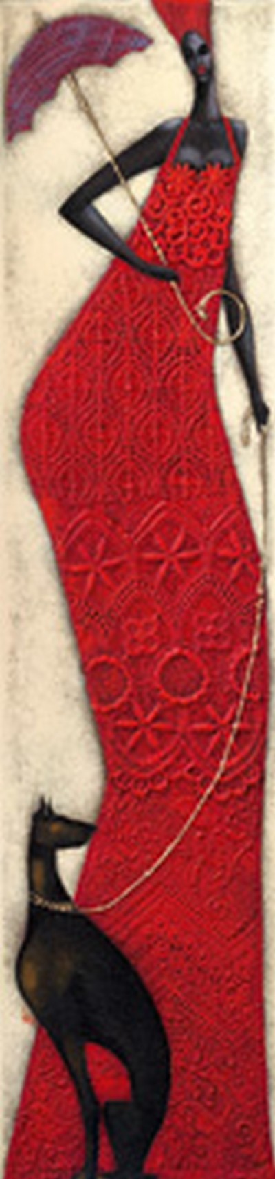 Ira Tsantekidou, Lady in Red (Wunschgröße, Malerei, Frau, Schwarze, Ethnic, rotes Kleid, ethnisches Muster,  Stoffmuster, Eleganz, Hund, Windhund, Schirm, Hut, People & Eros, figurativ, modern, dekorativ, Wohnzimmer, Treppenhaus, Schlafzimmer, rot / bunt)