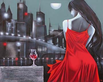 Ira Tsantekidou, Moon night in Megapolis (Wunschgröße, Malerei, Frau, rotes Kleid, Eleganz, Großstast, Nqachtszene, Silhouette, Weinglas, Rotwein, Abendszene, Mond, People & Eros, figurativ, modern, dekorativ, Wohnzimmer, Treppenhaus, Esszimmer, Bar, Bistro, bunt)